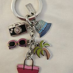 Coach Hampton Weekend Multi Mix Palm Tree Hat Camera Keychain Key Ring Charm
