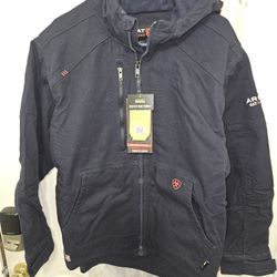 BRAND NEW WHITH TAGS ARIAT FR MEN'S DURALIGTH STRETCH CANVAS NAVY BLUE HOODIE JACKET SIZE MEDIUM 