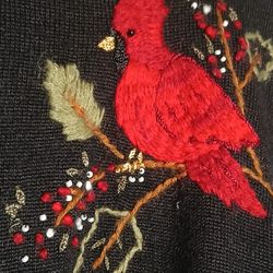 Vtg Womens Christmas Cardinal Wool Blend Beaded Embroidered Cardigan Size Large