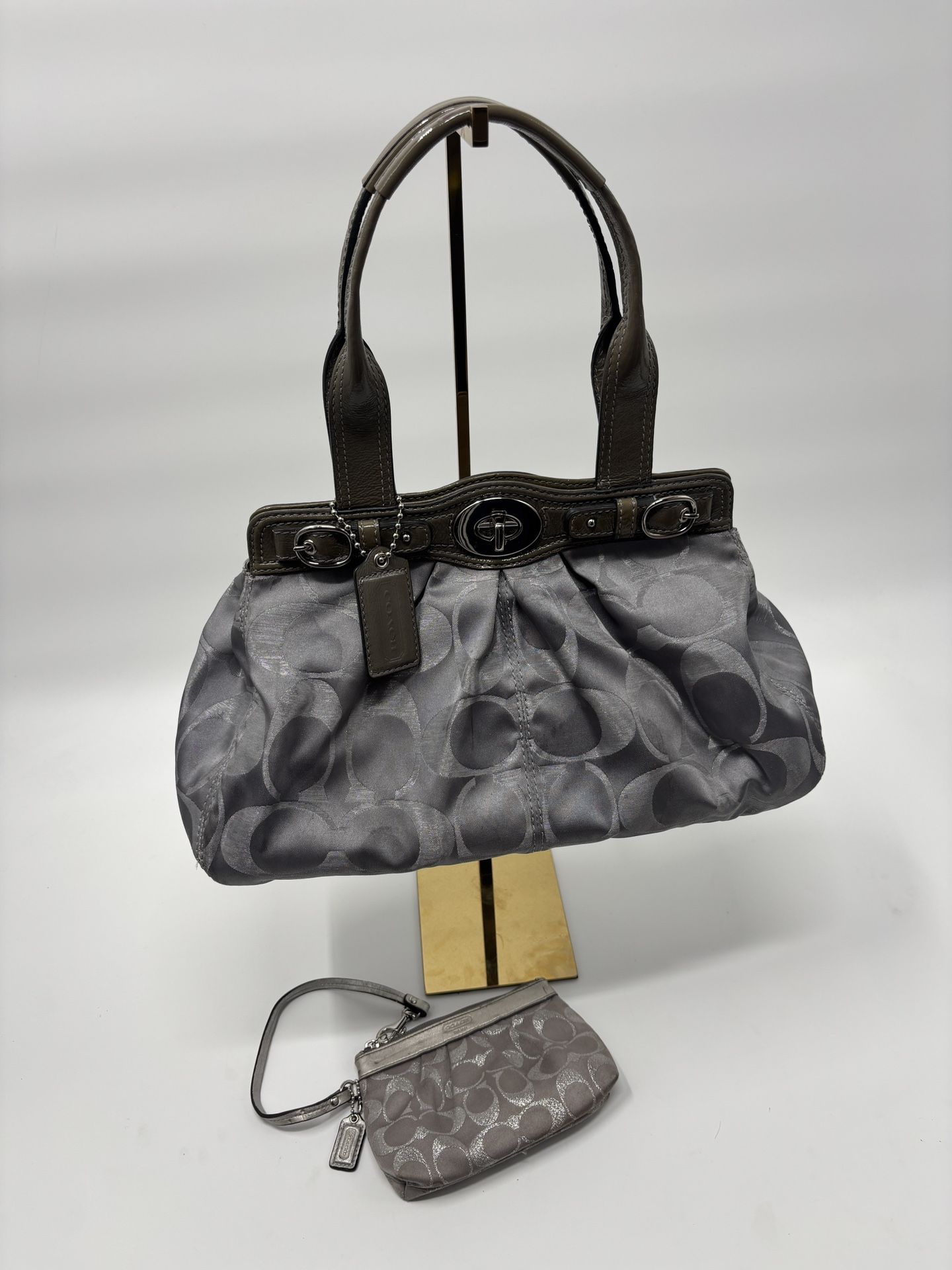 COACH 13916 Signature Silver Satin Lurex Bag With Wristlet