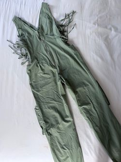 Sage Green Fringe Jumpsuit with Front Zipper