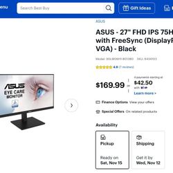 27" Asus 75hz Gaming Monitor Screen