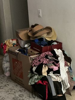 Box of clothes, purses & hats