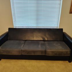 Custom black Leather Sofa with Grey Suede Cushions 