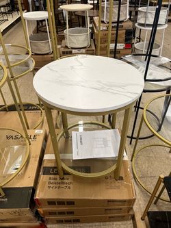 VASAGLE Small Round Side Table w/ Faux Marble Top Glass Shelf Modern Style - Gold