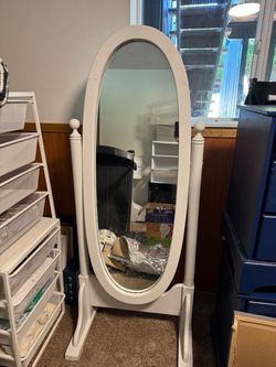 White Wood Oval Cheval Floor Mirror