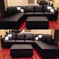 Black Leather Sectional Couch And Ottoman 