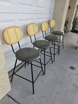 Set of 4 Modern Boho Counter Stools – Rattan & Faux Leather
