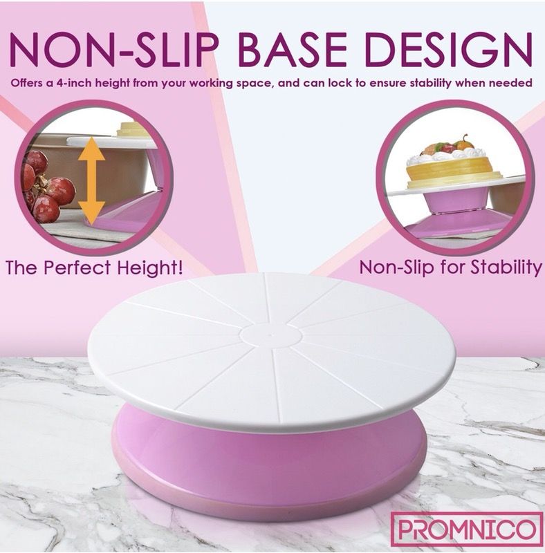 Rotating Cake Turntable Stand Kit: 12 Inch Spinning Cake Stand with Angled Icing Spatula and Decorating Comb/Icing Smoother [Smart 360 Revolving, Pro