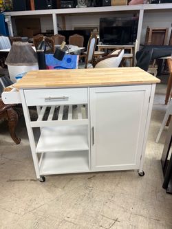 White Kitchen Island Cart with Butcher Block Top