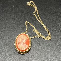 Vintage Sarah Coventry Cameo Brooch Necklace Pendant Slide Gold Tone Collector Costume Estate