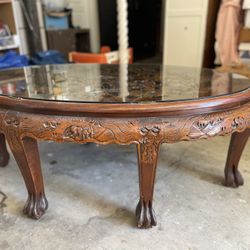 Asian Mahogany Carved Coffee Table And Stools