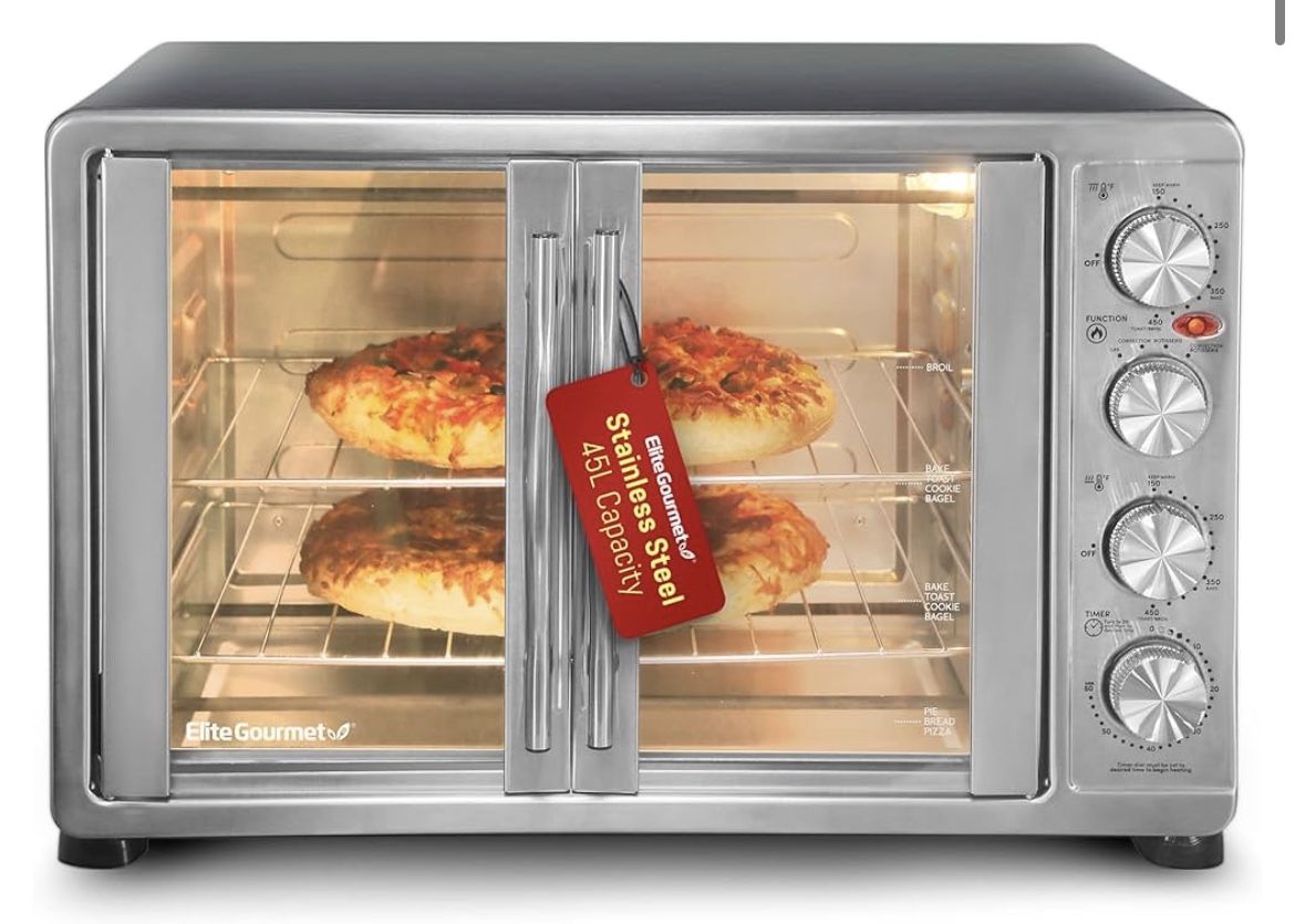 Elite Gourmet ETO-4510M French Door 47.5Qt, 18-Slice Convection Oven 4-Control Knobs, Bake Broil Toast Rotisserie Keep Warm, Includes 2 x 14" Pizza Ra