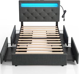 Rolanstar Twin Size Bed Frame with Charging Station and LED Lights, Upholstered Bed with Adjustable Headboard and 4 Storage Drawers, No Box Spring Nee
