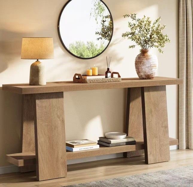 RY0257 70.9-Inch Long Console Table, 2-Tier Narrow Sofa Table Behind The Couch for Living Room, Entryway, Hallway (Natural)