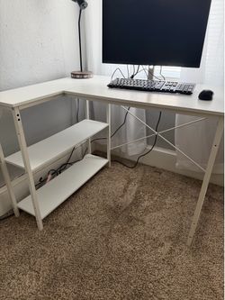 White L-Shaped Desk with Storage Shelves