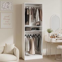 25'' Freestanding Closet System Walk-in Wardrobe Closet Tower White Shelves with 2 Hanging Rods, Modular Expandable Open Closet Organizers, Clothes Ga