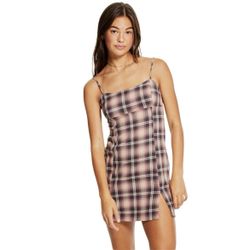 Aeropostale Womens S Slim Dress Plaid Scoop Neck Spaghetti Strap Side Slit