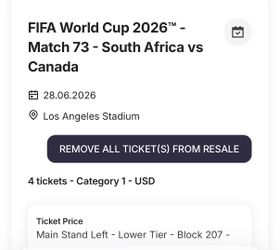 4 Tickets World Cup Match 73 Canada Vs. South Africa @Sofi 6/28
