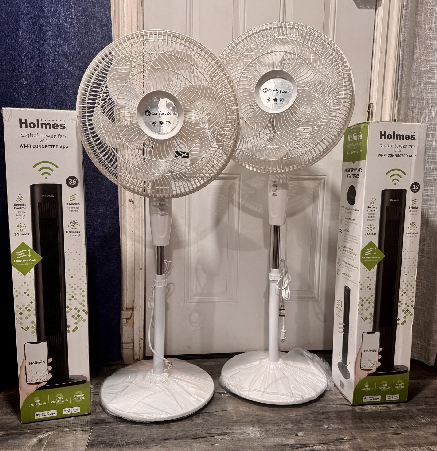 Smart Fan tower or pedestal fan brand new on the box $35 each firm ventilador aire abanico de torre