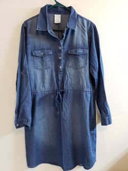 NWOT SERRA Women's Medium Blue Chambray Shirt Dress Drawstring Waist Size L .