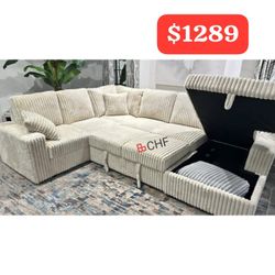 Camel / grey corduroy fabric sectional sofa with storage chaise and pop up sleep area - September Sale ! 