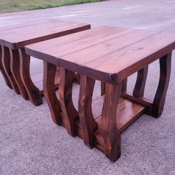 2 Antique Dark Solid Pine Wood End Tables "Arts & Craft" Style Wooden 22x23x18.5