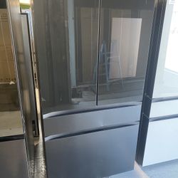 Charcoal Glass Top & Matte Black Steel 4-Door French Door Refrigerator - 29 Cu. Ft.