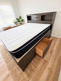 Storage Platform Captain's Bed With Bookcase Headboard Drawers Solid Wood Furniture
