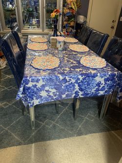 Beautiful mirror Dinning table & 6 blue bedazzled chairs $1100 obo cash
