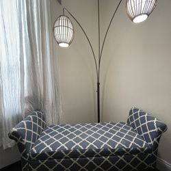 Chaise storage bench geometric print denim blue