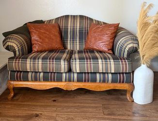 Vintage 1992 Green Plaid Queen Anne Loveseat