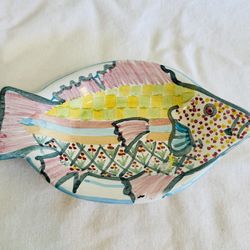 Mackenzie Childs Fish Story Plate Trinket Dish Pastel Art Pottery 7.5"
