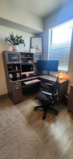 Realspace L shaped Desk, bookshelf and file cabinet