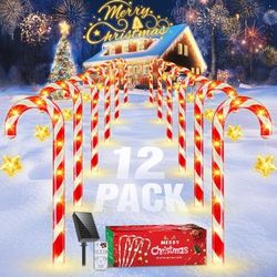 Outdoor Christmas Decorations: 12 Pack Solar Christmas Candy Cane Lights Waterproof, Christmas Pathway Lights with Remote Control & 8 Modes, Christmas