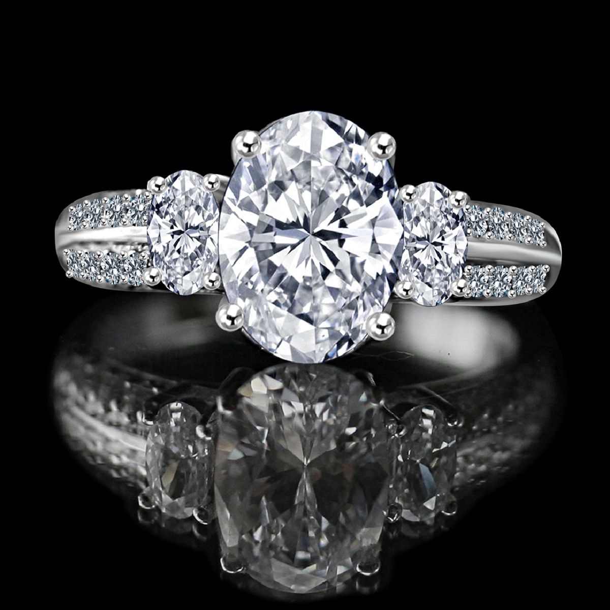 2.50 CT. Oval Classic three stone engagement/wedding Sterling Silver Ring Simulated Diamond - Diamond Veneer. 635R3232