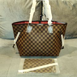 NEW LOUIS VUITTON DAMIER EBENE NEVERFULL MM TOTE WITH REMOVABLE CLIP IN POUCHETTE 