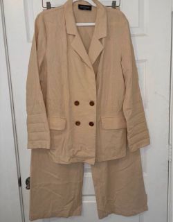 Kittenish Linen Jacket & Pants Set of 2 - Beige, Size M