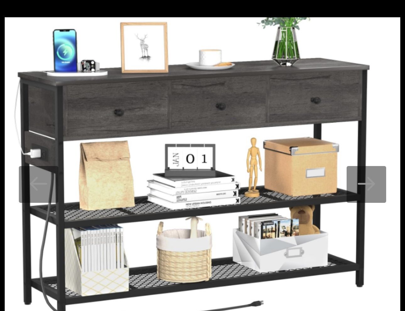 Yoobure - Console Table With 3 Drawers, 47" Entryway Table With Storage Shelves, Outlets & USB Ports, 3-Tier, Charcoal Gray