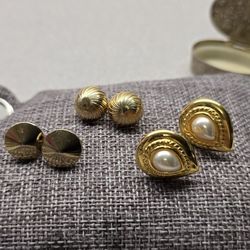Vintage Gold Tone Clip-On Earrings Lot (3 Pairs) – Pearl & Domes