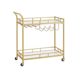 Bar Cart Gold, Home Bar Serving Cart, Wine Cart with 2 Mirrored Shelves, Wine Holders, Glass Holders, for Kitchen, Dining Room, Gold ULRC090A03