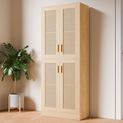 71"" Pantry Cabinet, Freestanding Tall Storage Cabinet with Adjustable Shelves and Rattan Doors for Kitchen, Dining Room, Oak