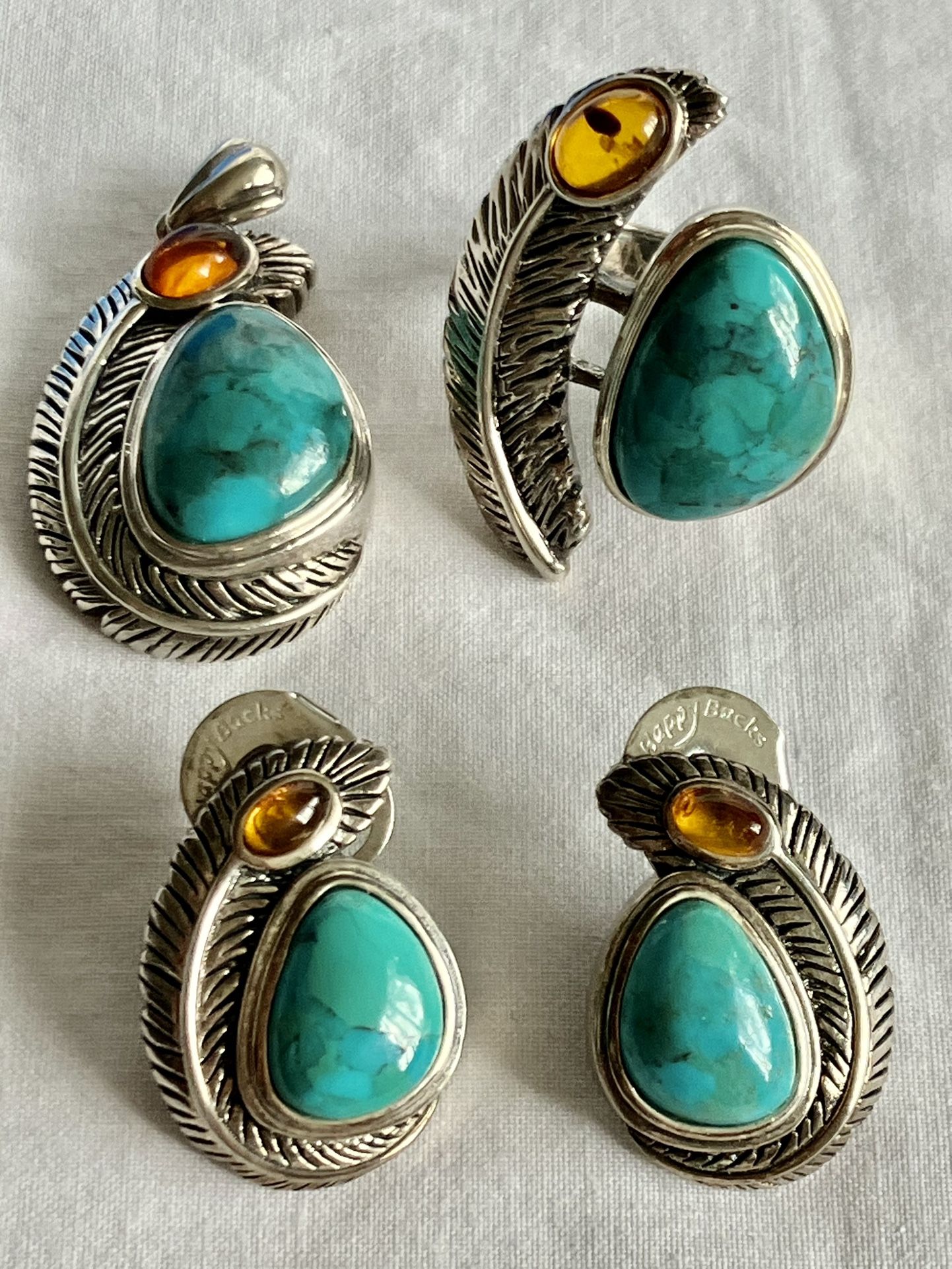 BBJ  SOUTHWEST TURQUOISE CITRINE GEMSTONE STERLING SILVER FEATHER EARRINGS PENDANT RING SET Size 7 ~  The ONLY 1 You can find ‼️ Price Is FIRM ‼️