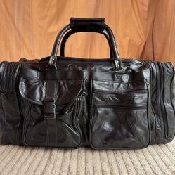 Vintage Black Leather Patchwork Duffle Bag Travel Weekender Carry-On Luggage