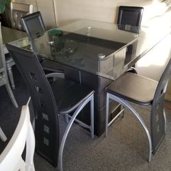 Brand New Gray Glass Counter High Dining Table (42×42×36H) + 4 Black Faux Leather Chairs