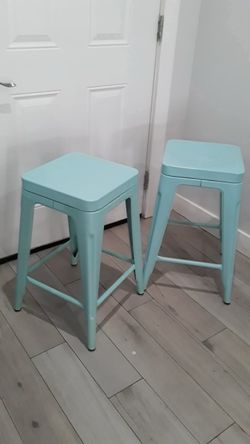 Set of 2 Teal Metal Bar Stools 24”