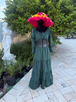 Green Peasant Maxi Dress with Corset Belt