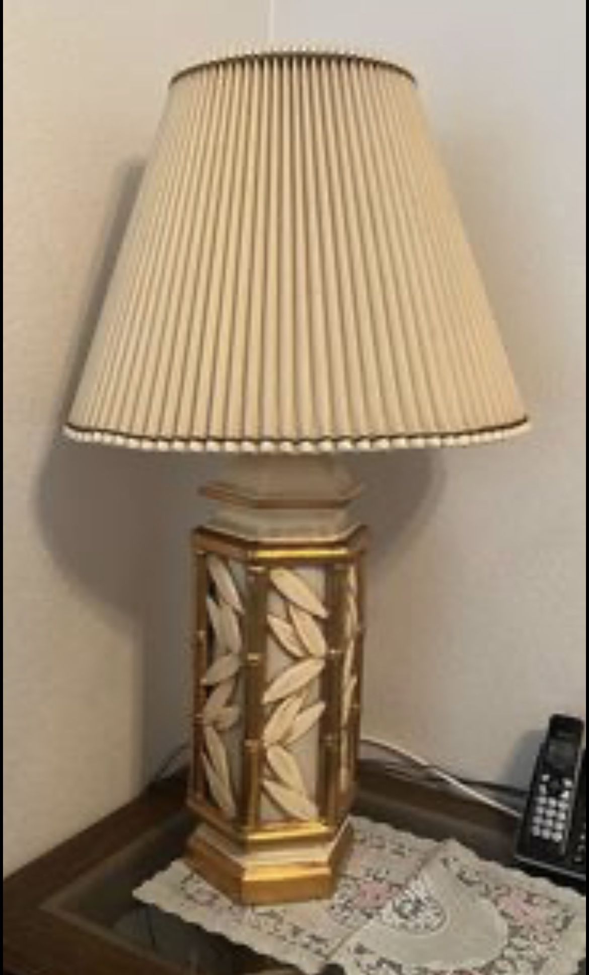 Vintage Faux Bamboo Cream//Gold Glazed Ceramic Table Lamp Retro Hollywood Regency