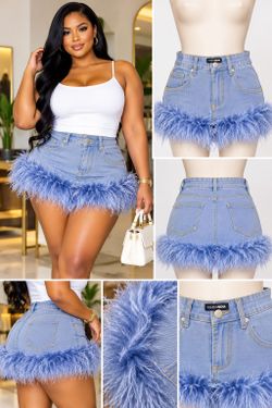 Fashion Nova Denim Mini Skirt with Feather Trim