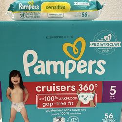 Pamper Cruisers 360• Diaper Box  size 5 (56 Counts) And Wipes